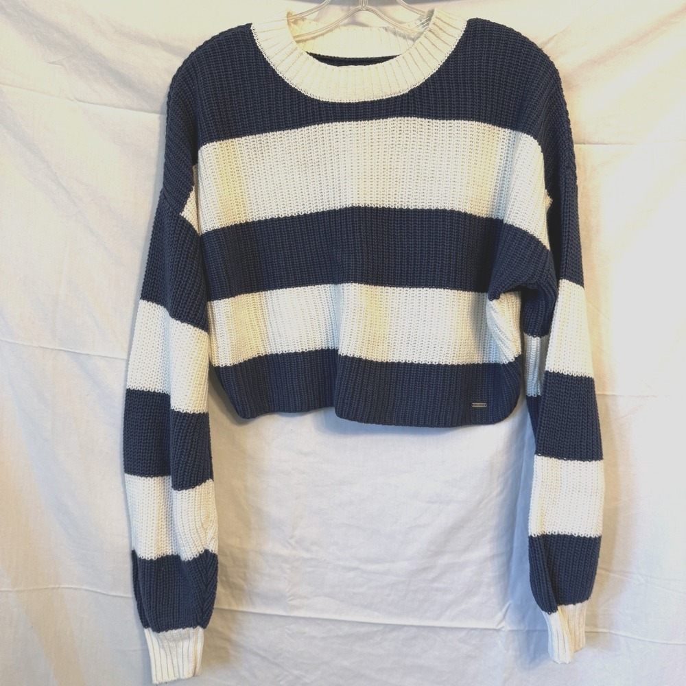 Hollister Striped Cropped Sweater Knit Pullover Blue White Nautical Beachy Small